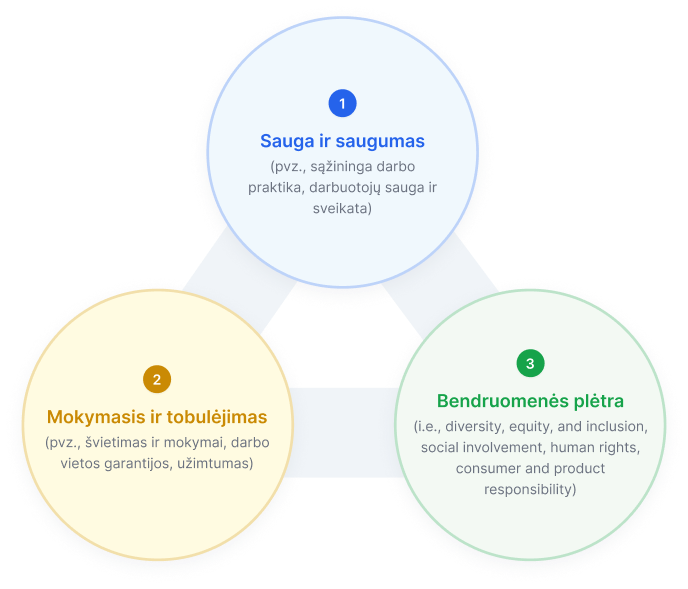Diagrama, rodanti tris socialinio tvarumo sritis: (1) Saugumas ir apsauga, (2) Mokymasis ir augimas, (3) Bendruomenės vystymas